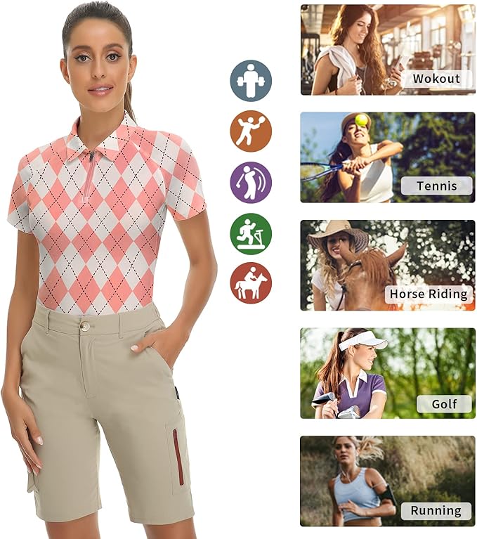 Women's Golf Shirt Short Sleeve Tennis Shirt Quarter Zip Golf Pullover Golf Polo Shirts Argyle Tops