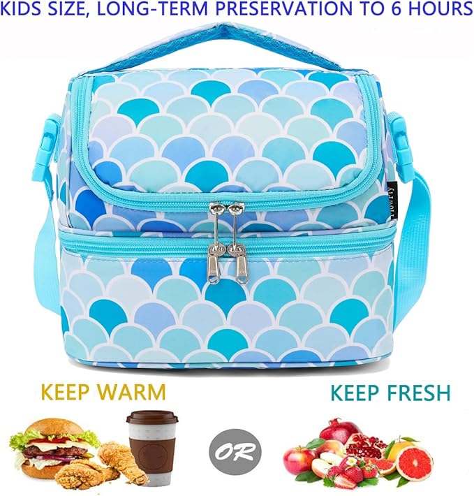 FlowFly Double Decker Cooler Insulated Lunch Bag Large Tote for Boys, Girls, Men, Women, With Adjustable Strap (Mermaid)