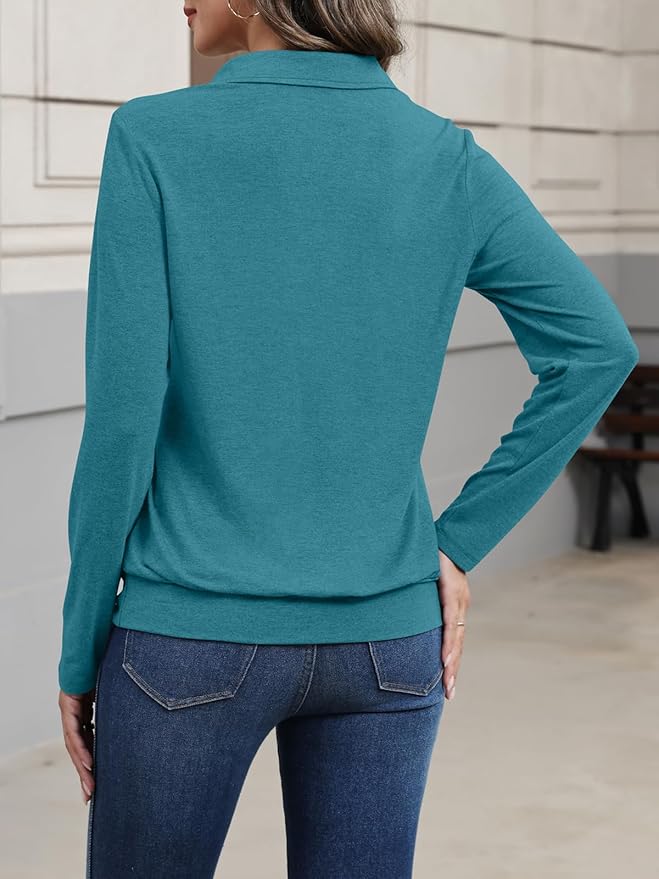 Womens Polo Shirts Long Sleeve Banded Bottom Tops Business Casual Tops Collared V Neck Blouses