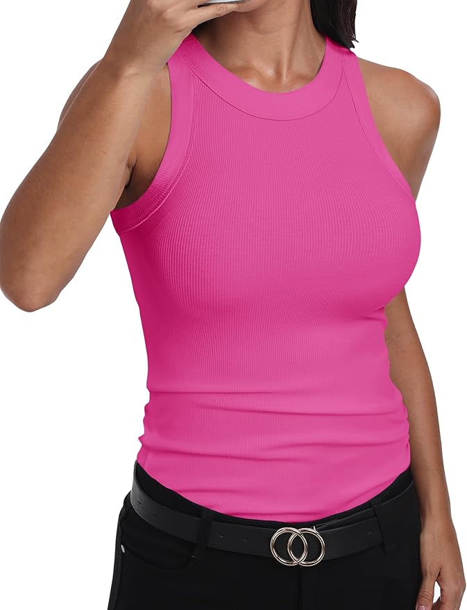 GEMBERA Womens Sleeveless Racerback High Neck Casual Basic Cotton Ribbed Fitted Tank Top