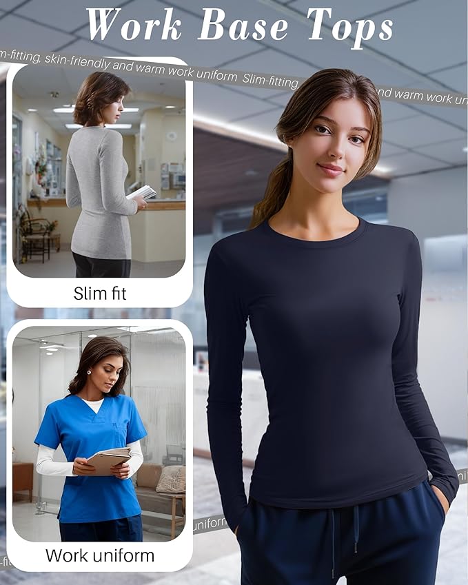 4 Pack Women's Underscrub Shirts Nurse Undershirts Long Sleeve Crewneck Slim Fit Tops Soft Stretchy Basic Tee