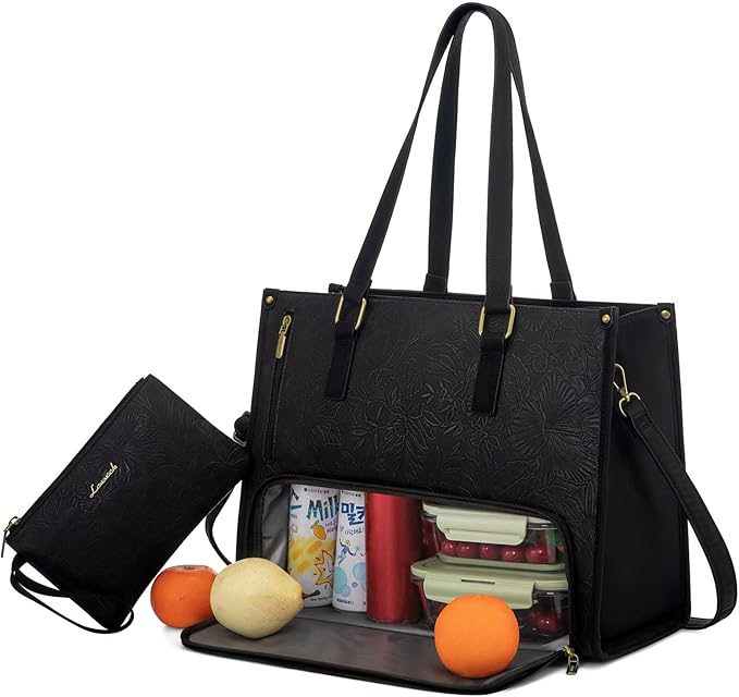 LOVEVOOK Lunch Tote Bag for Women, 17.3 Inch Laptop Bag with Insulated Lunch Compartment, Quilted Large Capacity Computer Handbag with Purse for Business, Work, Nurse, Office, Collage, Casual
