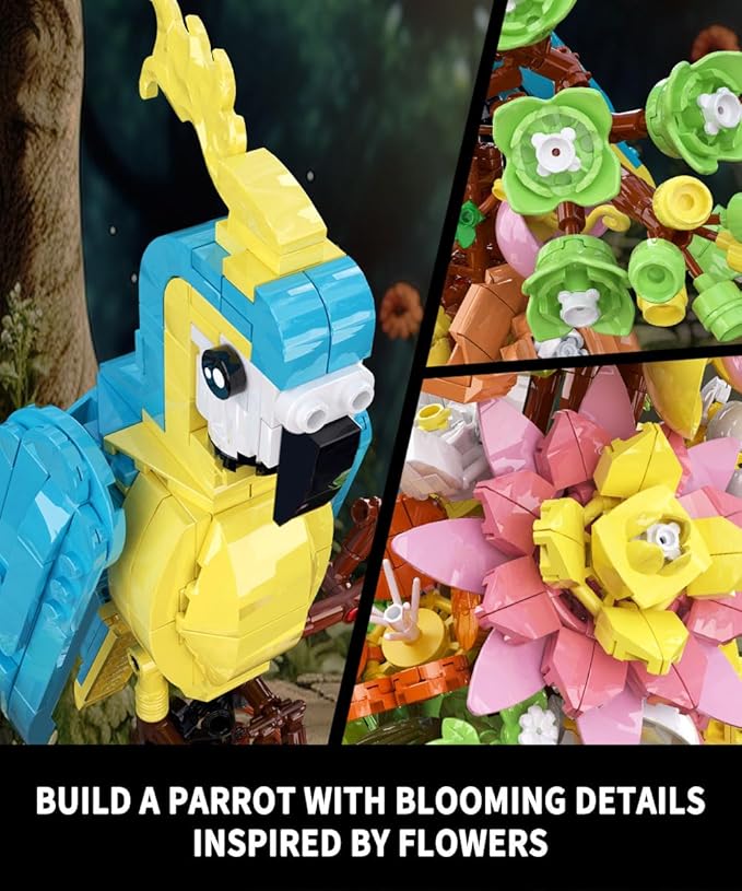 MOC Flowers and Parrot Building Set- Compatible with Lego Flower, Succulent Botanica andl Cute Bird Collection Set, A Beautiful for her or him (1162pcs)