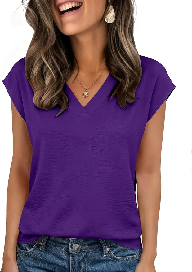 Zeagoo Womens Tops Cap Short Sleeve Textured Blouse V Neck Summer Spring Shirts Business Casual Outfits