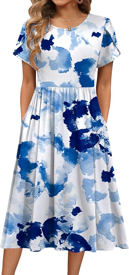 HOTOUCH Women's Summer A-Line Midi Dresses 2026 Casual Floral Short Sleeve T-Shirt Dress Flowy Beach Sundress with Pockets