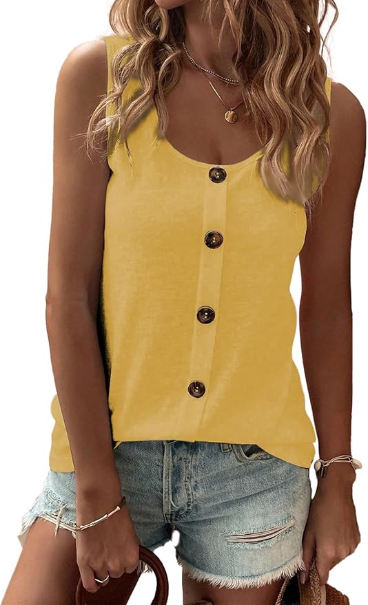 SHEWIN Womens Tank Tops Solid Button Crewneck Sleeveless Summer Tops Loose Fit