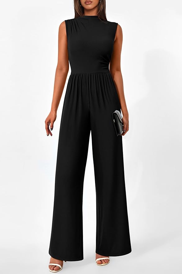 PRETTYGARDEN Womens Summer Jumpsuits Dressy Casual One Piece Outfits Sleeveless Mock Neck Wide Leg Pants Rompers with Pockets