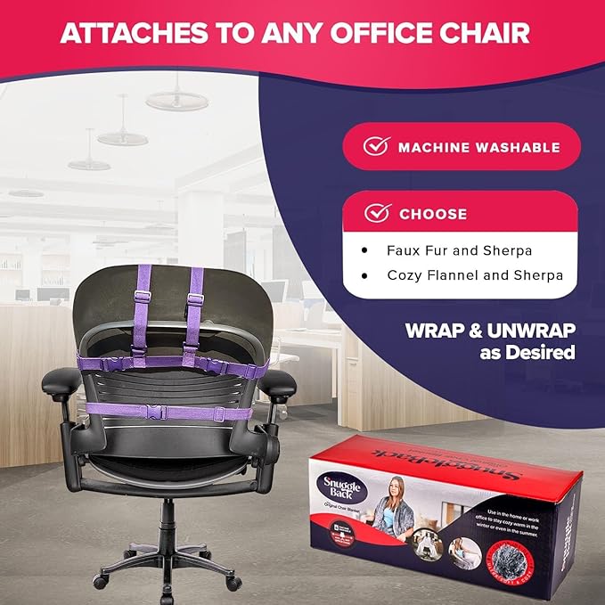 The Original Office Chair Blanket by SnuggleBack; Cozy Comfy Office Desk Chair Wrap Attaches for Convenient Heat and Hands-Free. Stay Warm In The Winter or Summer. Faux Fur (Blue Pattern Fleece)