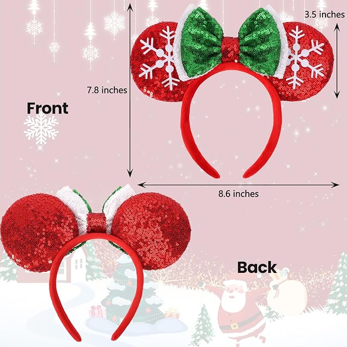 ETLUK Christmas Ears - Mouse Ears for Women, Adults & Girls; Layered Bow Headbands for Parties & Trips