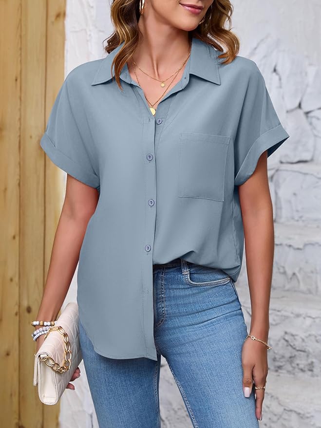 Womens Button Down Shirt Casual Short Sleeve Collared Work Blouse with Pocket