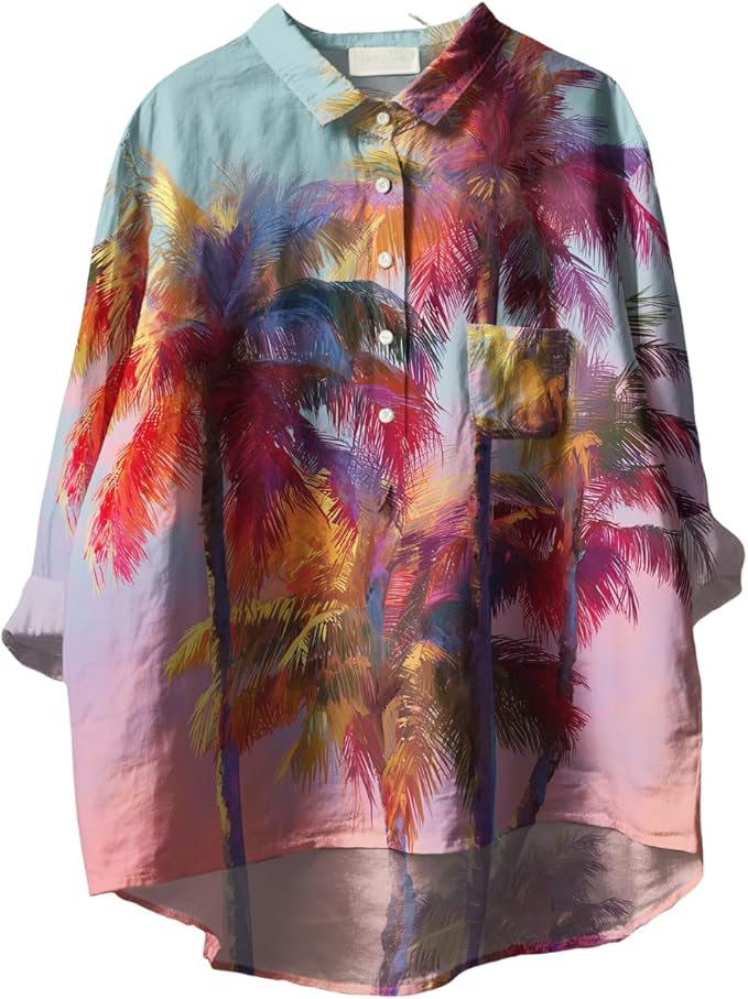 Womens Boho Tops 3/4 Long Sleeve Floral Blouses Hawaii Beach Button Down Shirts V Neck Pullover Casual Tunics