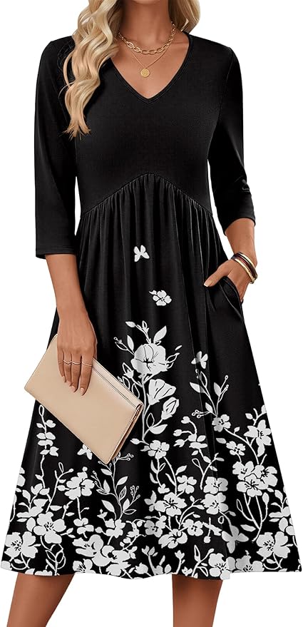 ZEAGOO 3/4 Sleeve Women's Dress Casual Flowy A-Line Midi Tshirt Dresses with Pocket Empire Waist Summer Boho Beach Sundress