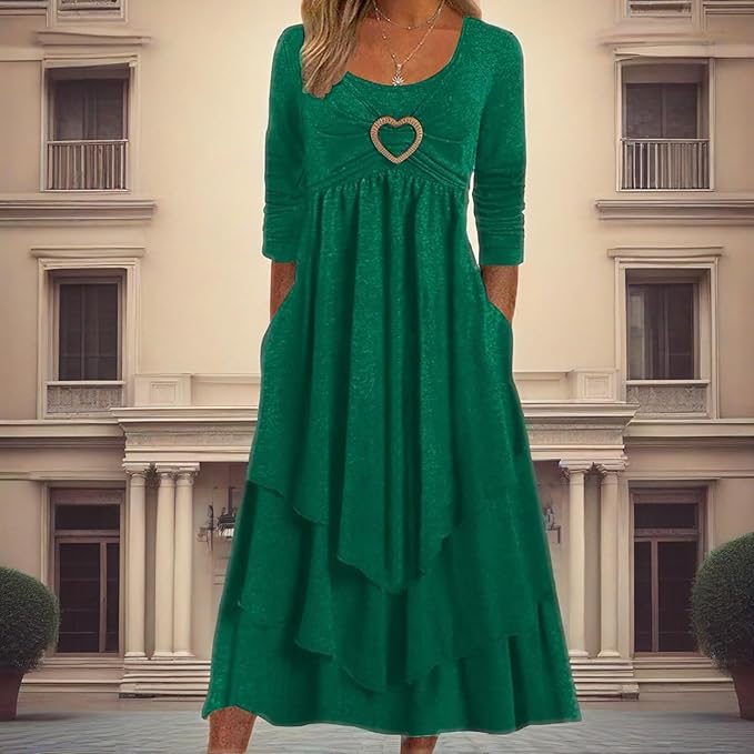 Winter Dresses for Women Wedding Guests Casual Cute Heart Long Sleeve Tiered Maxi Dress with Pockets Plus Size