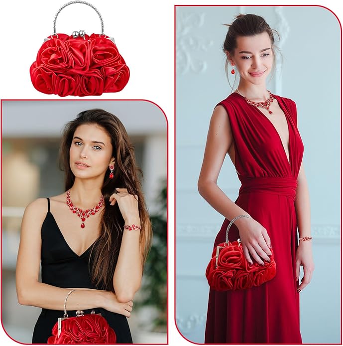 4 Pcs Flower Clutch Rhinestone Jewelry Set Rose Clutch Handbags with Detachable Strap Detachable Necklace Earrings Bracelets for Wedding Party Prom Valentine Gift