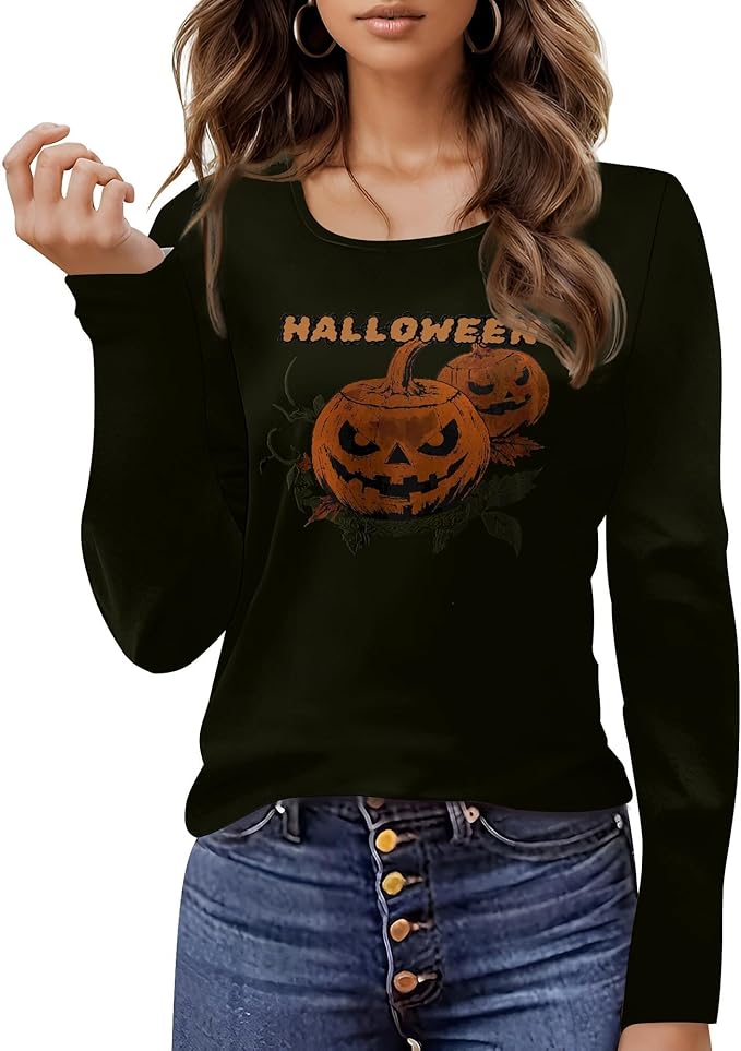 domirica Halloween Sweatshirts For Women Cute Pullover Fall Long Sleeve Pullover U-Neck Halloween Crazy Party Club Clothes