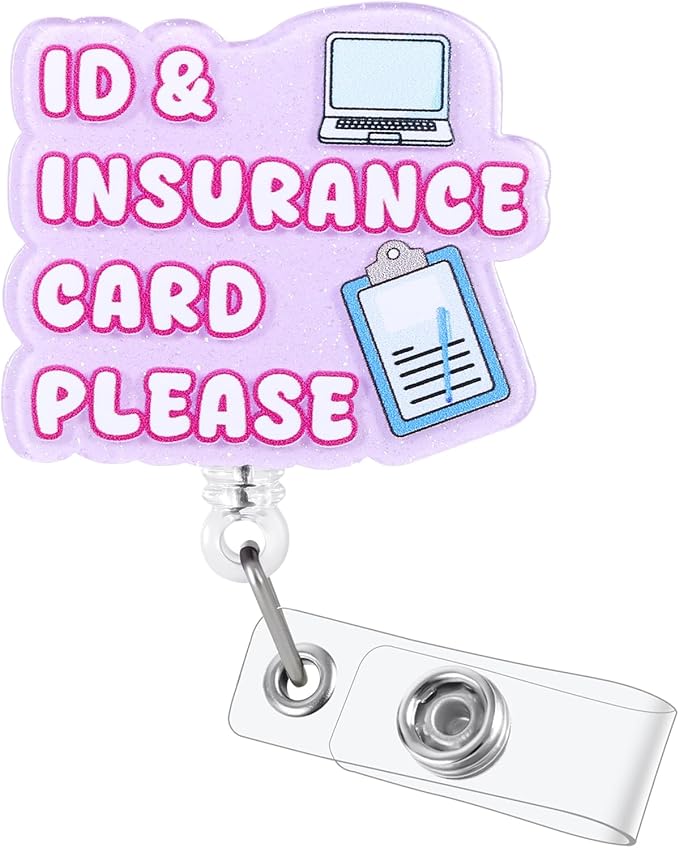 ID & Insurance Card Please Badge Reel for Hospital Admins - Glitter Retractable ID Holder, Funny Registrar Accessory with Folder & Pen Design | Medical Secretary Gift, Admin Stocking Stuffer