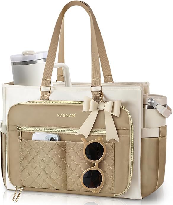 Teacher Tote Bag for Women,Multi-Pocket Laptop & Nurse Work Bag with Cup Holder,Structured Business Briefcase Computer Purse