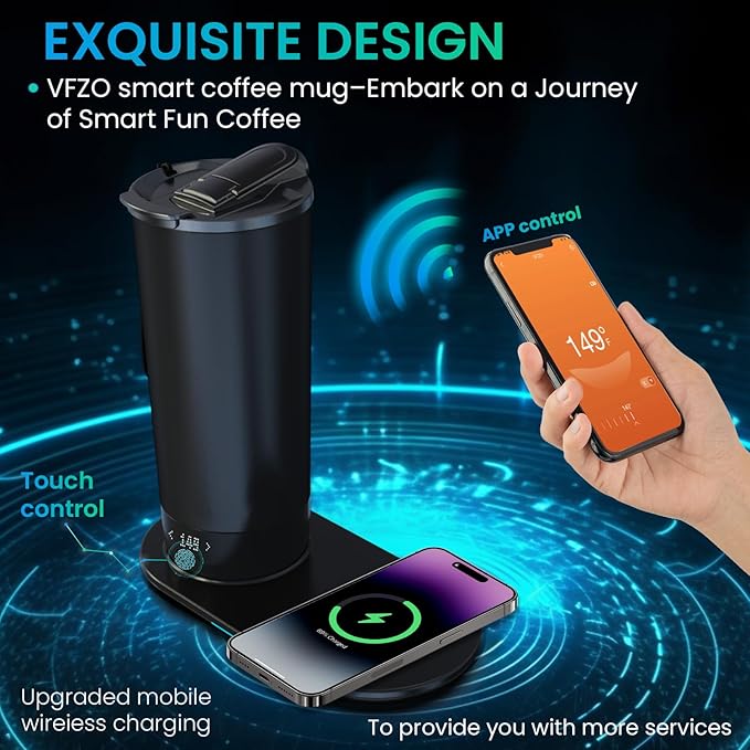 Temperature Control Heated Travel Mug Smart Self Heating Coffee Mug 20 Oz App Controlled LED Display coffee serving sets mug kept at a constant temperature for 4-10 hours (Navy Blue, 20 oz)