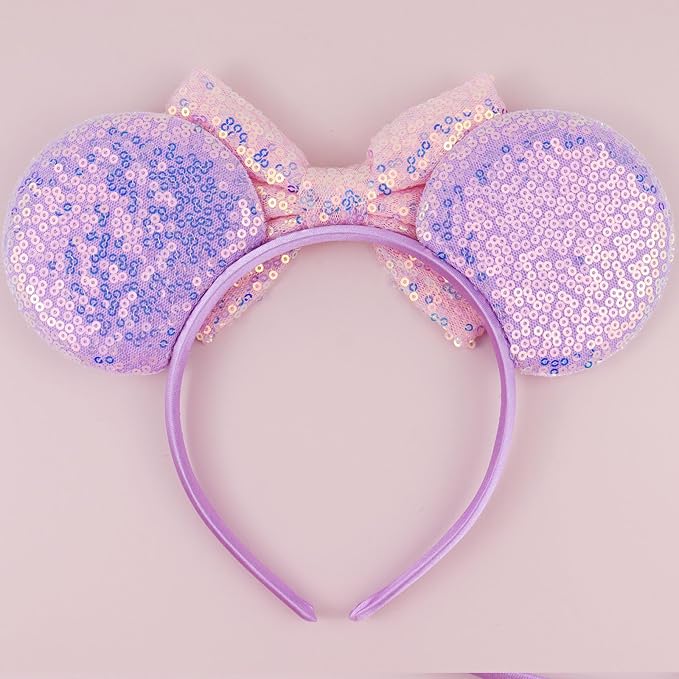 LIHELEI Mouse Ears Headband for Princess, Pink Headbands for Women Halloween Costume, Sequin Bows Headwear Hair Accessories - Pink Pruple