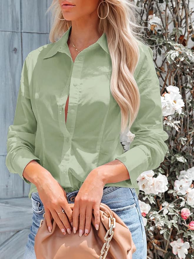 siliteelon Women's Button Down Shirts Long Sleeve Dress Shirts Wrinkle Free Collared Work Office Solid Blouses Corset Tops