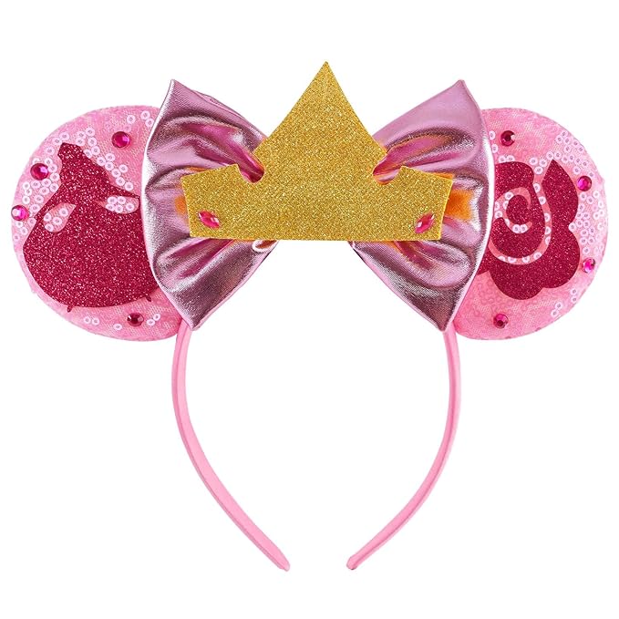 Seamoy Sequin Mouse Ears Headband,Pink Elsa Mice Ears Headband, Sleeping Beauty Costume Headwear, Princess Aurora Costume (Elsa Pink)