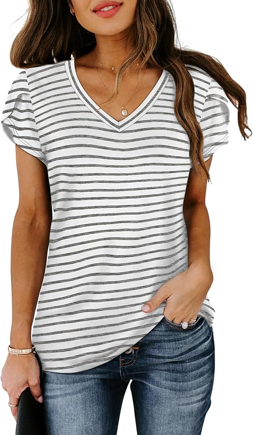 WIHOLL Womens Tops V Neck Summer Petal Sleeve Casual Tshirts