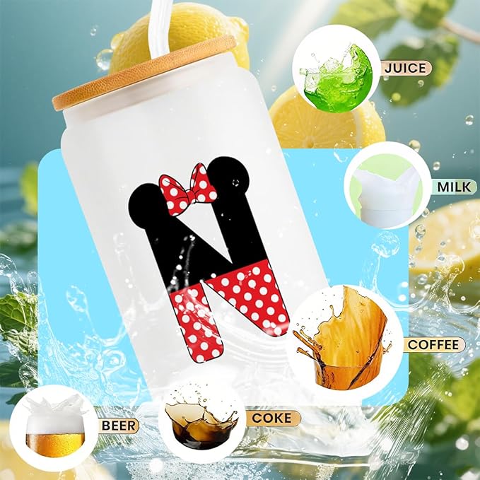 Cute Cartoon Mouse Lover Gifts Initial A-Z Personalized Iced Coffee Cup Magic Mouse Stuff Wizard Gift 16oz Glass Cup with Lid and Straws Birthday Christmas Gifts for Women Teen Girls (Letter N)