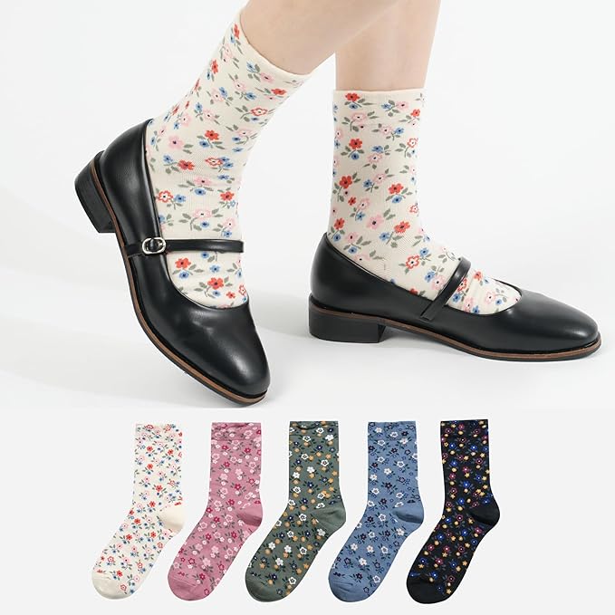 Kikiya Women's Cotton Crew Socks - Cute Flower Graphic Polka Dot Striped Heart Patterned - Ladies Girls Casual Socks Size 6-8