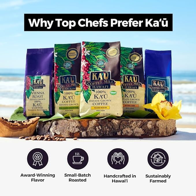 Ka'u Coffee Mill Washed Medium Roast Whole Bean Coffee - Bright Aroma - Plum & Citrus Notes - Handpicked & Washed Processed Hawaii Grown Arabica Beans - Gourmet Premium Small Batch - 8oz