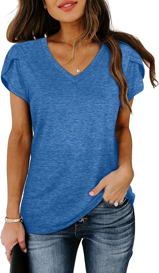 WIHOLL Womens Tops V Neck Summer Petal Sleeve Casual Tshirts