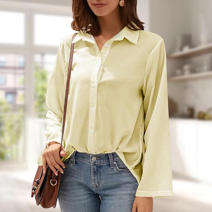Womens Classic Shirts Casual Button Solid Color Long Sleeve Work Blouse Collared Relaxed Fit Summer Tops