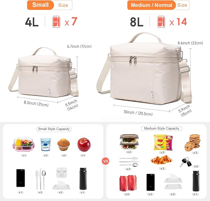 NOL Natural Organic Lifestyle Insulated Lunch Bags for Women Cooler Bag Lightweight Nylon Waterproof Lunch Box For Work (Small, Cream)