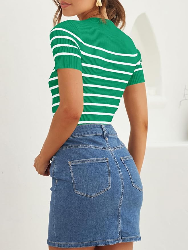 ZESICA Women's Short Sleeve Crewneck Striped T Shirt 2026 Summer Ribbed Knit Slim Fit Casual Basic Tee Tops
