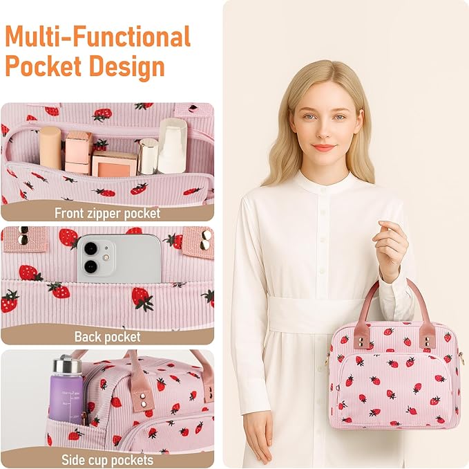 Lunch Bag Large Insulated Lunch Box for Women Adult Cute Pink Strawberry Lunchbox Corduroy Lunch Bags Boxes Pail with Shoulder Strap for Work Mom Picnic Office Travel 11.4×6.8×9.1 inches 11.5L