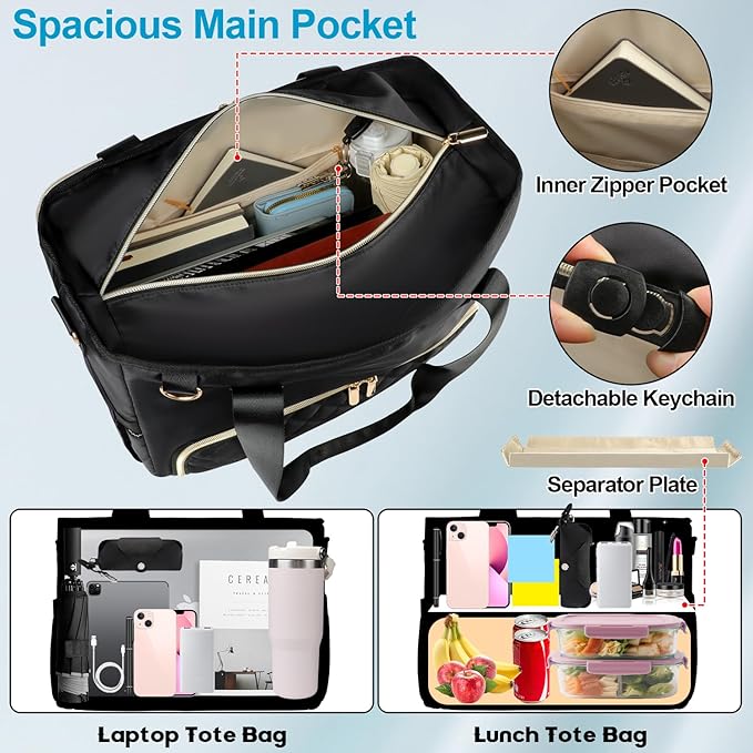 2-in-1 Laptop Tote Bag for Women with Big Insulated Lunch Compartment, Soft Nylon Work Tote Bag with 15.6 Inch Laptop Compartment& Cup Holder for Teacher Nurse Business Travel Daily (Black)