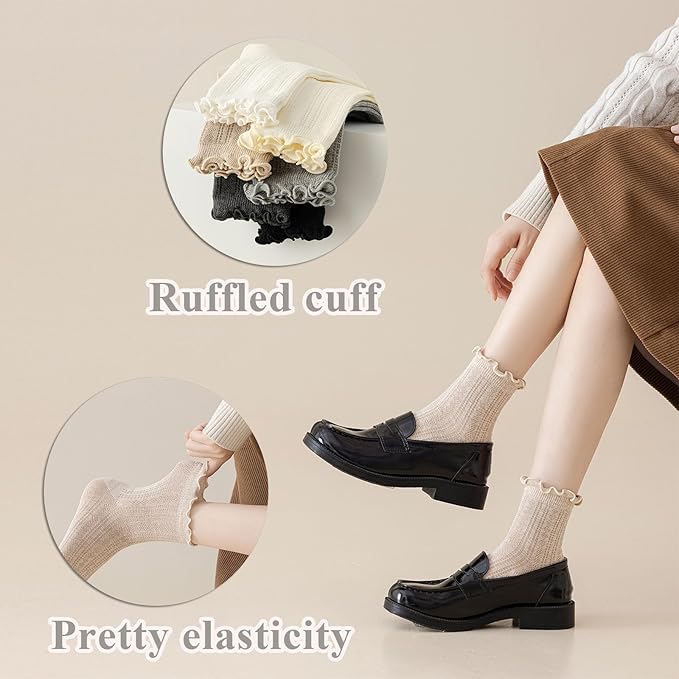 Mcool Mary Womens Crew Socks Ruffle Casual Cotton Frilly Breathable Cute Knit Lettuce Trim Dress Ankle Socks 6 Pack