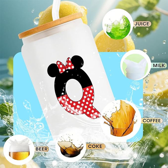 Cute Cartoon Mouse Lover Gifts Initial A-Z Personalized Iced Coffee Cup Magic Mouse Stuff Wizard Gift 16oz Glass Cup with Lid and Straws Birthday Christmas Gifts for Women Teen Girls (Letter Q)