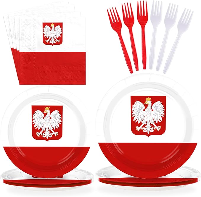 Greencian 96Pcs Poland Flag Party Decorations National Country Decoration Poland National Day Plates and Napkins Tableware Set for Polish Red and White Patriotic Festival Party Supplies，Serves 24