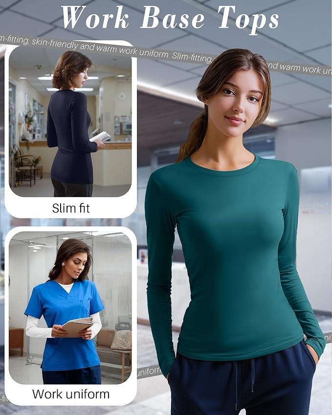 4 Pack Women's Underscrub Shirts Nurse Undershirts Long Sleeve Crewneck Slim Fit Tops Soft Stretchy Basic Tee