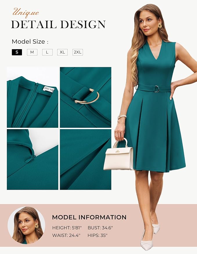 GRACE KARIN Work Dresses for Women 2026 V Neck Fit and Flare Midi Dresses Office Business Dress with Belt and Pockets