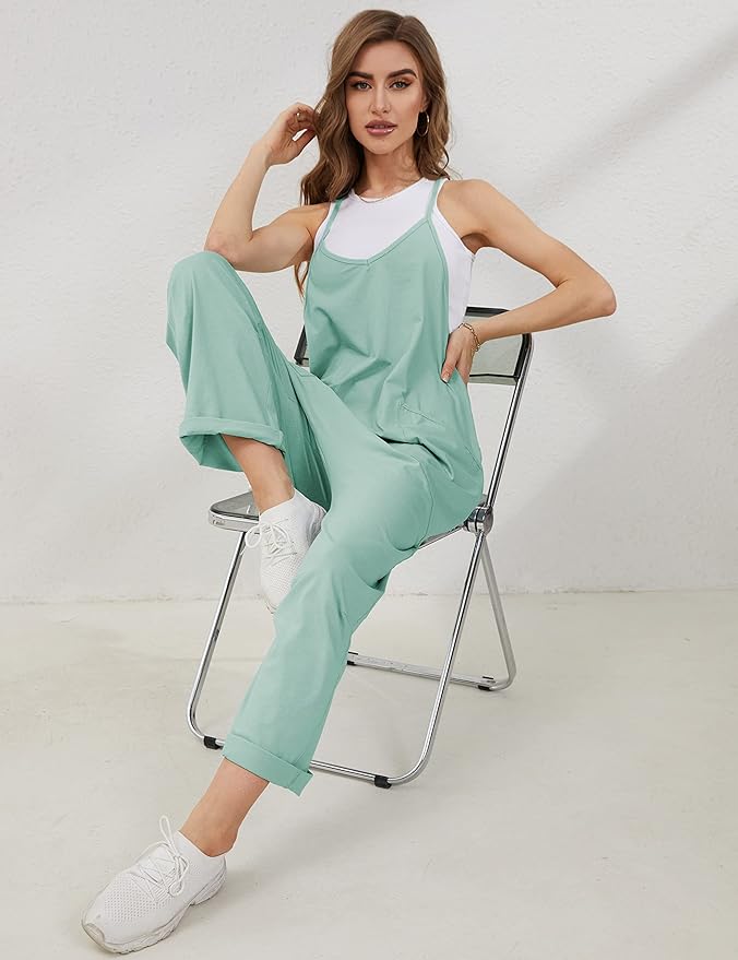 Lentta Women's Causal Jumpsuits V Neck Sleeveless Harem Overalls Stretchy Adjustable Strap Romper with Pockets