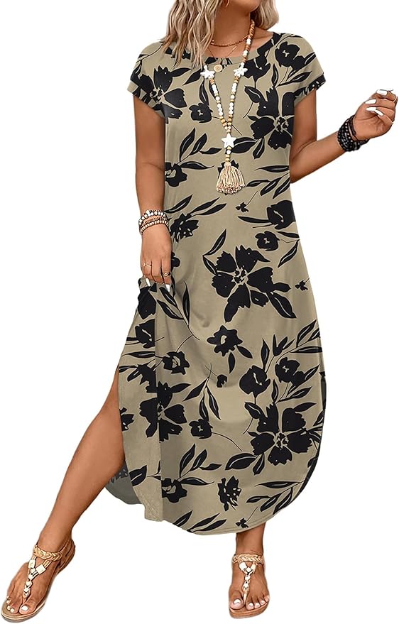 WIHOLL Summer Dresses Cap Sleeve Crewneck Maxi Long Casual Dress with Pockets Beach Vacation Sundresses 2026 Trendy