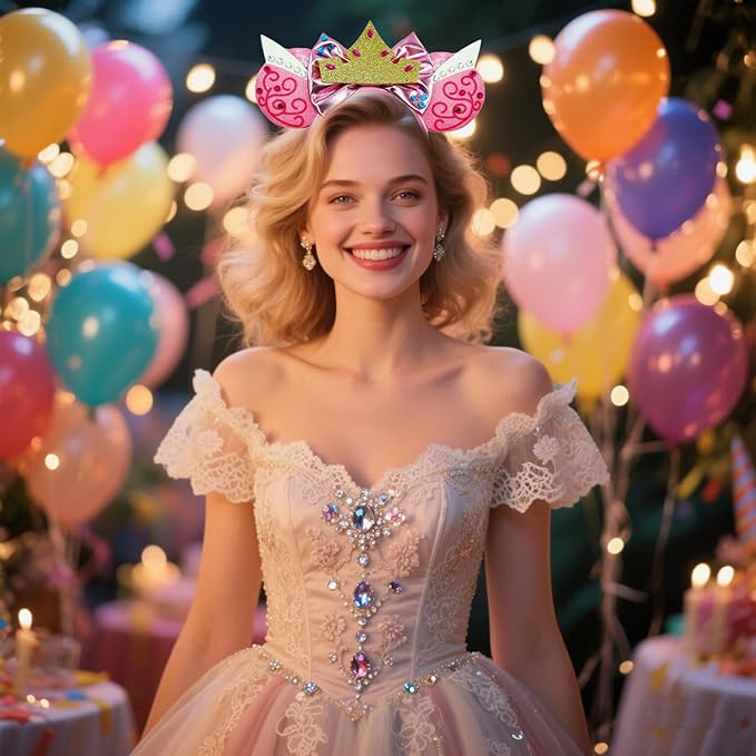 WW-WONDERFULWORLD Mouse Ears Headbands With Shiny Sequins Diamond & Crown Decoration, for Women Sleeping Beauty Series Aurora Princess Costume Cosplay Glitter Party; SMR-2