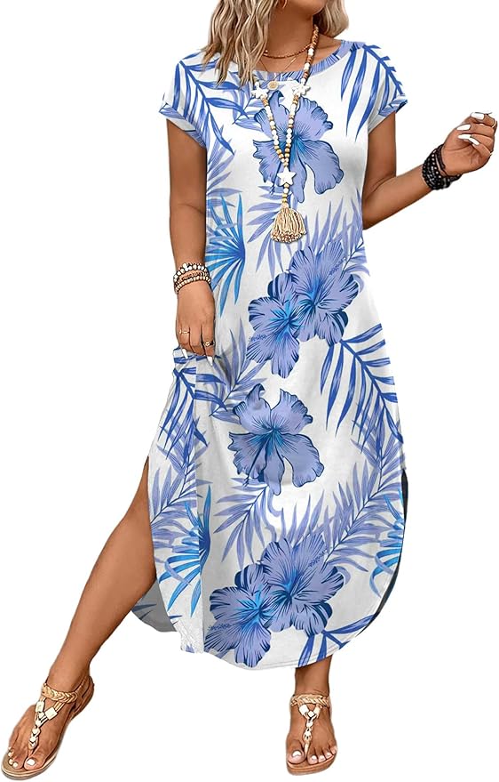 WIHOLL Summer Dresses Cap Sleeve Crewneck Maxi Long Casual Dress with Pockets Beach Vacation Sundresses 2026 Trendy