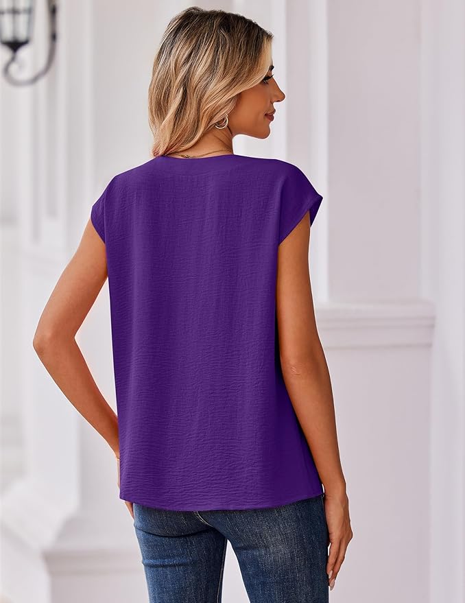 Zeagoo Womens Tops Cap Short Sleeve Textured Blouse V Neck Summer Spring Shirts Business Casual Outfits