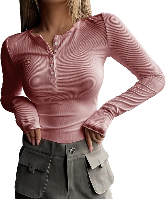 MARSVOVO Fashion Crop Tops for Women Scoop Neck Button Comfy Ribbed Slim Fit Cute Shirts Casual Party Fall Tops
