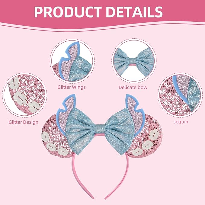 Seamoy Pink Stitch Headband, Minnie Ears, for Women Girls, One Size, Plastic, Nylon, Hairband, Unisex, 1 Count