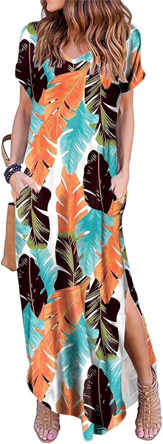 Arolina Women's Summer Maxi Dress Short Sleeve V Neck Casual Loose Long Beach Split Dresses with Pockets