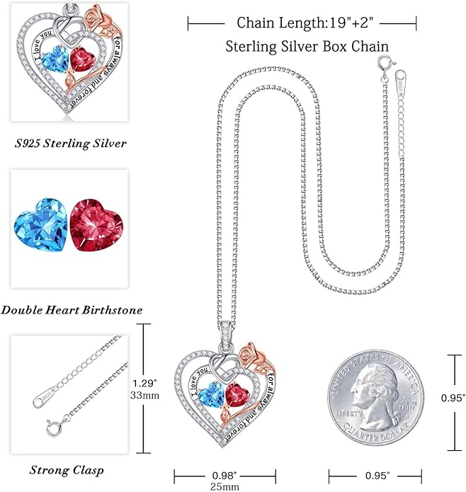 Iefil Valentines Day Gifts for Her - 925 Sterling Silver Double Birthstone Necklace, Anniversary Birthday Gifts for Women, Jewelry Gift for Wife Girlfriend Mom Her