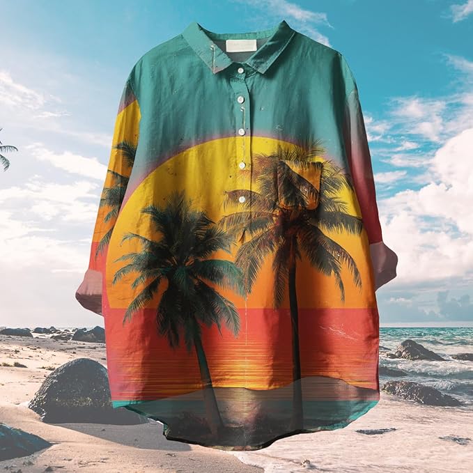 Womens Boho Tops 3/4 Long Sleeve Floral Blouses Hawaii Beach Button Down Shirts V Neck Pullover Casual Tunics